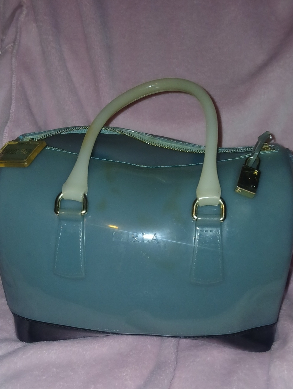 Furla Light Blue Dome Satchel with Cream Handles and Black Base